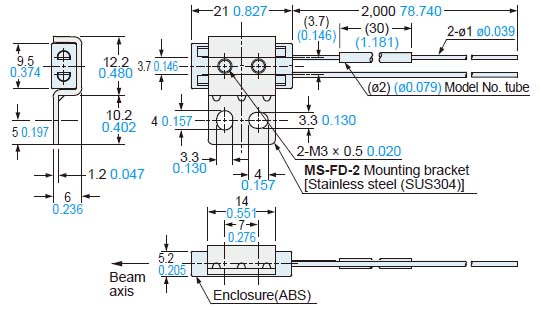 FR-KZ50H Assembly dimensions with MS-FD-2 (attached mounting bracket)