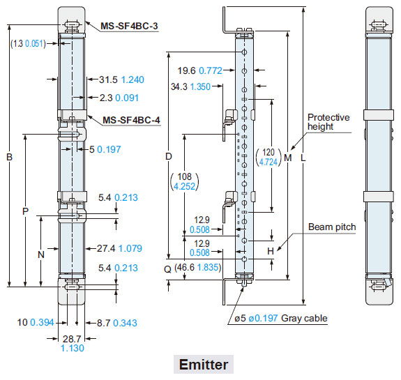 The figure depicts side mounting using the side utility mounting bracket MS-SF4BC-3 (optional) and the intermediate supporting bracket for utility mounting bracket MS-SF4BC-4 (optional).