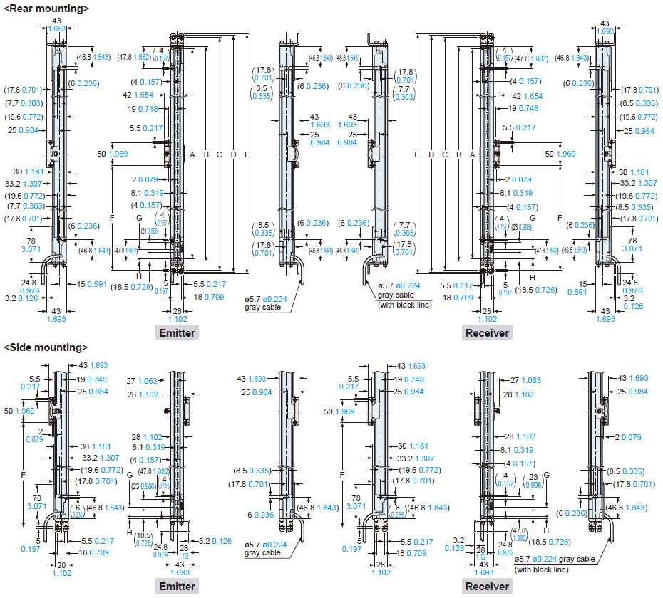 Mounting drawing for the safety light curtains using the beam adjustment mounting bracket MS-SFD-1-5 (optional) and the intermediatesupport brackets MS-SFB-2 (optional).