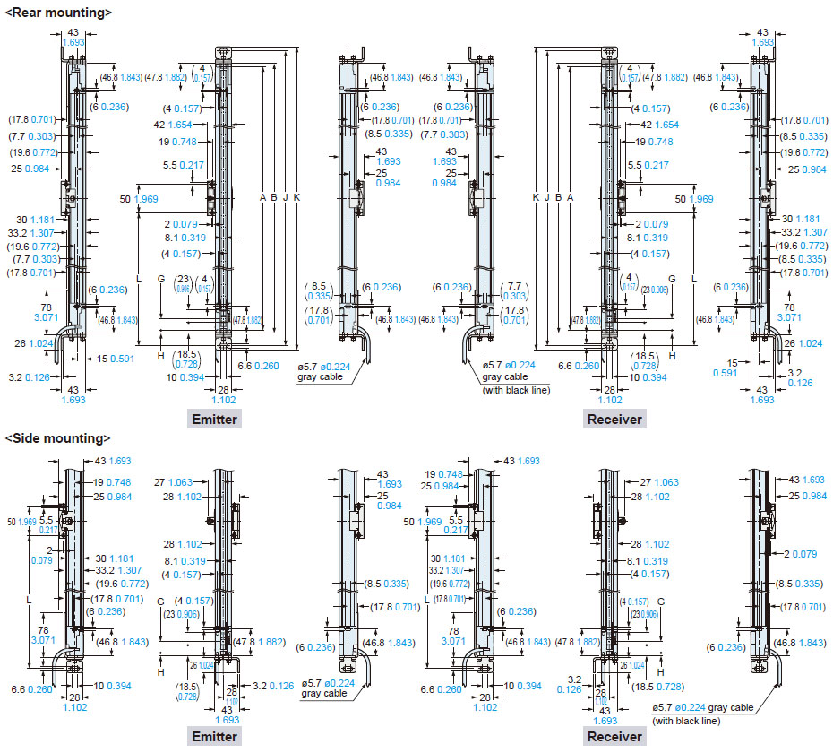 Mounting drawing for the safety light curtains using the beam adjustment mounting bracket MS-SFD-1-6 (optional) and the intermediate support brackets MS-SFB-2 (optional).