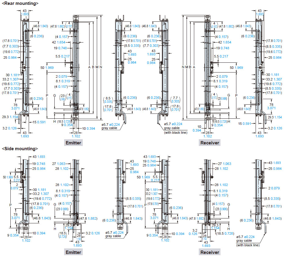 Mounting drawing for the safety light curtains using the beam adjustment mounting bracket MS-SFD-1-8 (optional) and the intermediate support brackets MS-SFB-2 (optional).