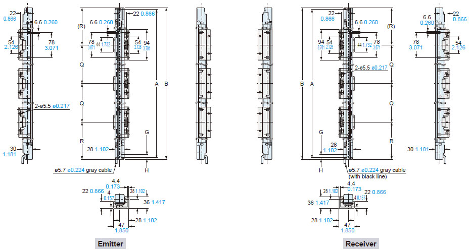 Mounting drawing for the safety light curtains using the dead zoneless beam adjustment mounting bracket MS-SFD-3-6 (optional)