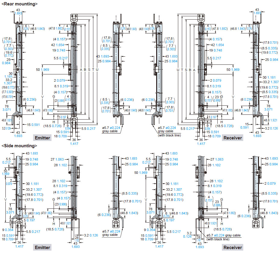 Mounting drawing for safety light curtains using the SF4B-G compatible mounting bracket MS-SFD-4BG (optional) and the intermediate support bracket MS-SFB-2.