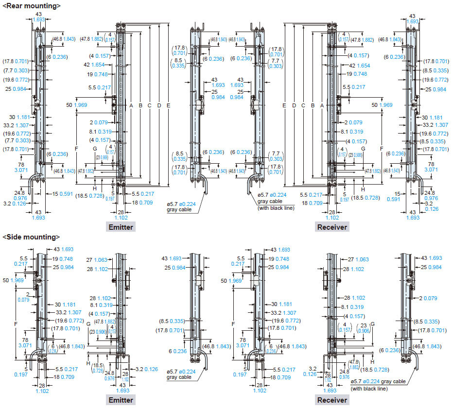 Mounting drawing for the safety light curtains using the beam adjustment mounting bracket MS-SFD-1-5 (optional) and the intermediatesupport brackets